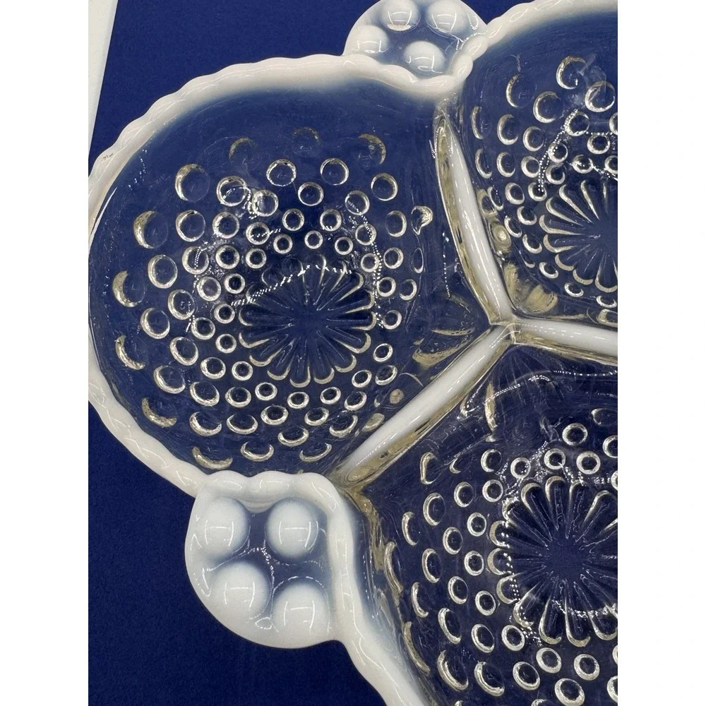 Anchor Hocking Candy Dish Hobnail Opalescent Moonstone Glass 3 Section 6.5